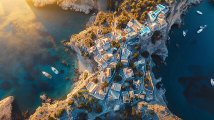 Aerial view of coastal village at sunset - Powered by Adobe