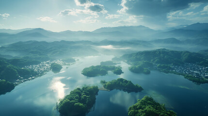 Fototapeta premium Serene lake view with misty mountains at dawn