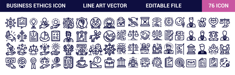 Business ethics icons set Collection. Teamwork in the workplace. Reaching goals together. Isolated vector illustrations. Simple filled line drawings collection. Editable stroke.