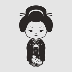 Cartoon illustration in black and white for a geisha