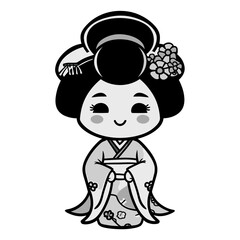 Black and white cartoon illustration of a geisha