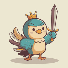 Cute retro cartoon blue bird holding a sword bravely