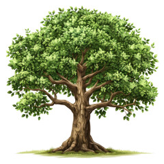 A detailed 2D clipart image of a tree featuring a textured trunk and a canopy of vibrant green leaves. The tree is depicted with a sense of depth and dimension, standing out against a crisp white