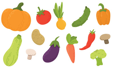 Set of different vegetables. Collection of organic vitamins and healthy nutrition. 
Tomato, pumpkin, cucumber, 
mushroom.