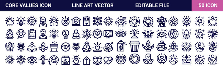 Core values icon set. Integrity, Target purpose, and Strategy. Core values line icons. Trust, Social Responsibility, icons. Personal Growth, Innovation, Family, Problem Solving.