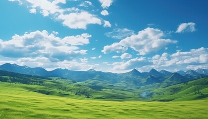 Fototapeta premium A stunning spring day landscaping views of fertile land surrounded beautiful green vegetation, wide stretches of hills and mountains with clear skies in spring