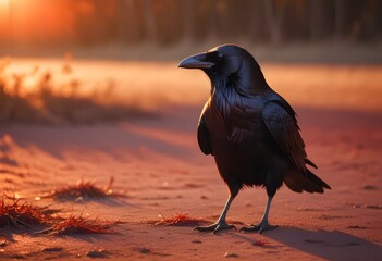 Naklejka premium A raven standing on the ground its head cocked to