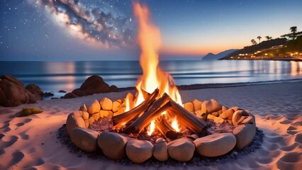 A cozy bonfire on a beach at dusk, with the serene ocean and a starry sky in the background. The warm glow of the fire creates a relaxing atmosphere, perfect for gatherings, storytelling.