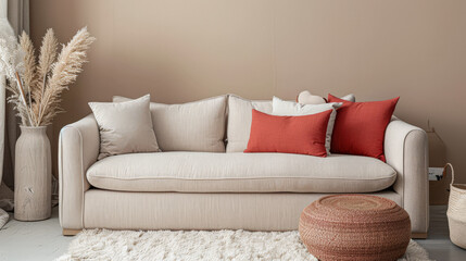 Minimalist home interiors with a modern design and chic decor. Home decoration image with copyspace.