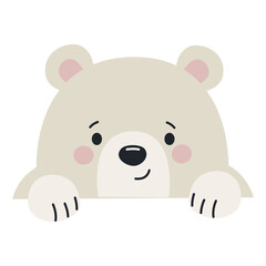 Cute white bear peeking out from behind a banner. Flat vector illustration on white background. Vector illustration