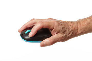 Computer mouse in male hand isolated on a white background. Old man holding computer mouse