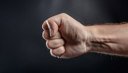 Clenched fist symbolizing strength and defiance with dramatic shadows against dark background.