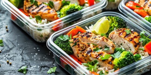 Containers of well-organized meal prep with a healthy balance of proteins, carbohydrates, and veggies for a nutritious diet