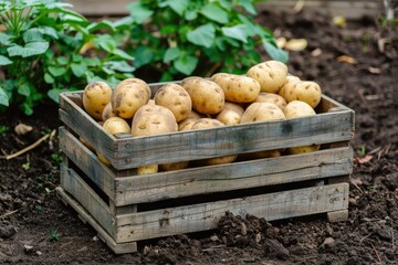 A wooden crate full of fresh, unpeeled potatoes sits on fertile soil in a farm setting
