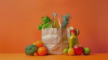 Healthy food concept with a paper bag filled with fresh vegetables and fruit against a vibrant orange backdrop
