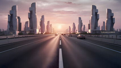 Asphalt road and city skyline with buildings at sunset
