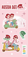 Museum date, Couple Riding Scooter. kawaii cartoon
