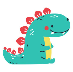 Cute green dinosaur in simple child style on white background, flat vector illustration . Vector illustration