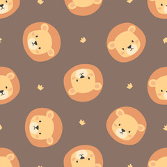Cute lion faces and a crown. Vector Pattern on brown background for printing on children's products. Vector illustration