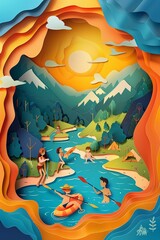 Summer Camp: Vector paper cut illustration of children engaged in summer camp activities, such as hiking, swimming, and outdoor games, in warm natural light and summer camp adventure.