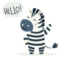 Flat vector illustration on white background. Cute zebra waving his paw. A speech bubble and the words Hello. Vector illustration © Alena