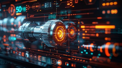 Futuristic technology concept featuring digital gears and neon interfaces. High-tech innovation background with glowing elements and details.