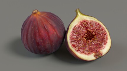 Three purple figs, one sliced open. Exotic fruit concept