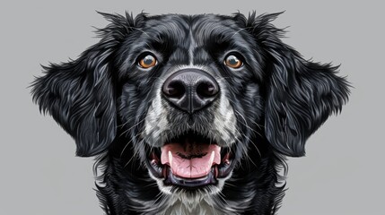 Playful black and white dog portrait with bright eyes on grey background