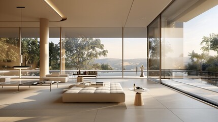 A sleek living room with a minimalist design featuring a neutral color palette streamlined furniture and large windows that offer breathtaking views of