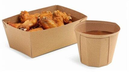Crispy fried chicken wings in takeout box with dip sauce