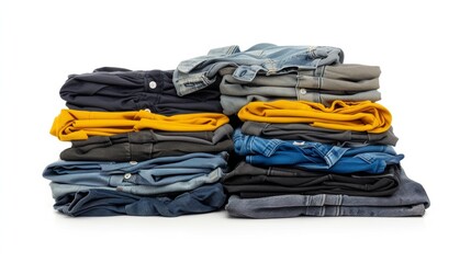 Colorful assortment of neatly folded clothing piles on white background