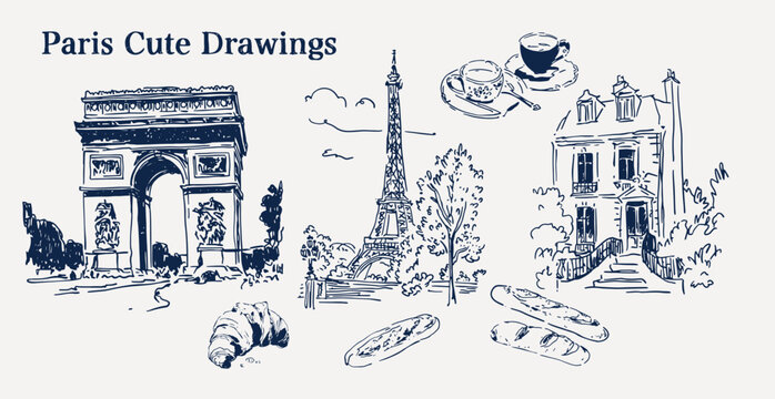 Paris Hand Drawn Vector Illustration of Architecture and Local Coffee Shops Baguettes and a Croissant Cute Boho 