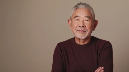 Fototapeta premium Senior Asian man portrait, elderly aged male model with red hair, studio shot, background with copy space, diversity and different people beauty concept, AI generated image