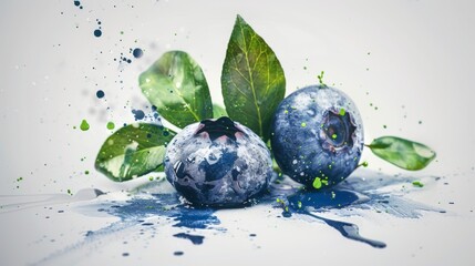 Splashing colors on fresh blueberries with vivid green leaves