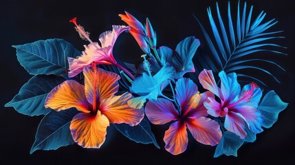 Flowers neon blue and red silhouettes on black background, blooming plants in style of heat map, AI generated image