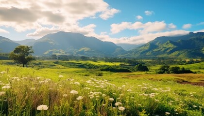 A stunning spring day landscaping views of fertile land surrounded beautiful green vegetation, wide stretches of hills and mountains with clear skies in spring