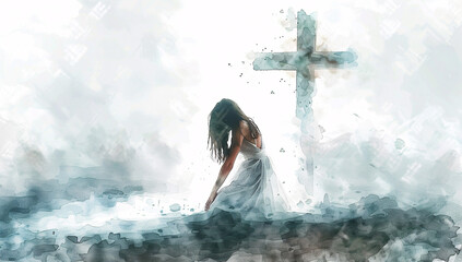 woman kneeling in front of the cross