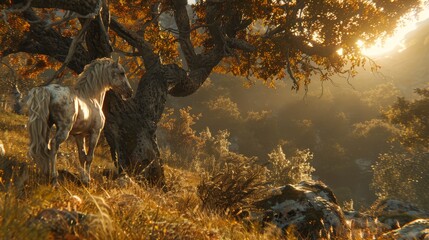  A white horse stands beside a tree on a verdant hillside Lush green surrounds them Above, a yellow and orange sky radiates, with sunbeams piercing tree leaves