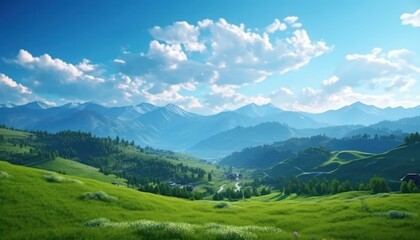 Obraz premium A stunning spring day landscaping views of fertile land surrounded beautiful green vegetation, wide stretches of hills and mountains with clear skies in spring