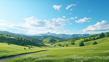 Obraz premium A stunning spring day landscaping views of fertile land surrounded beautiful green vegetation, wide stretches of hills and mountains with clear skies in spring