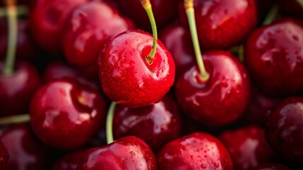Ripe red cherries with water droplets