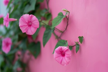 Vibrant pink hibiscus flowers against a pink wall