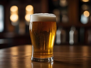 A full glass of beer sits on a bar counter