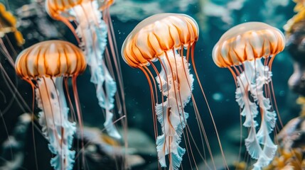  A group of orange and white jellyfish swim in an aquarium filled with rocks and algae, submerged in water The aquarium floor is covered with additional rocks