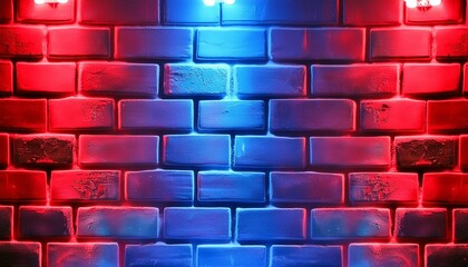 A colorful brick wall texture illuminated by red and blue lights.Red and blue lights create a moody atmosphere on a brick wall wallpaper background  - Powered by Adobe
