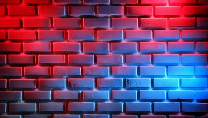 Fototapeta premium A colorful brick wall texture illuminated by red and blue lights.Red and blue lights create a moody atmosphere on a brick wall wallpaper background 