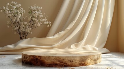 Luxurious 3D render of a podium with a wood frame pedestal on a brown background, featuring a gracefully flying silk cloth curtain, perfect for feminine beauty and cosmetic mockups.