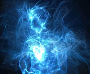 A glowing, translucent figure with a visible, pulsing heart. The figure is bathed in blue light, creating a ethereal and otherworldly effect.