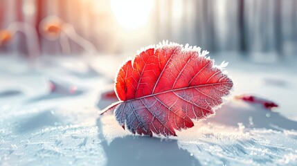 A red leaf atop a snow-covered ground Sun shines through the background trees Behind, a blurred expanse of snowy terrain