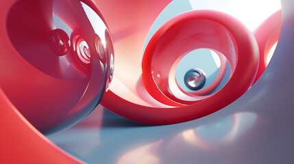 3D rendering of red and white glossy spheres and rings. Abstract background with smooth shapes.